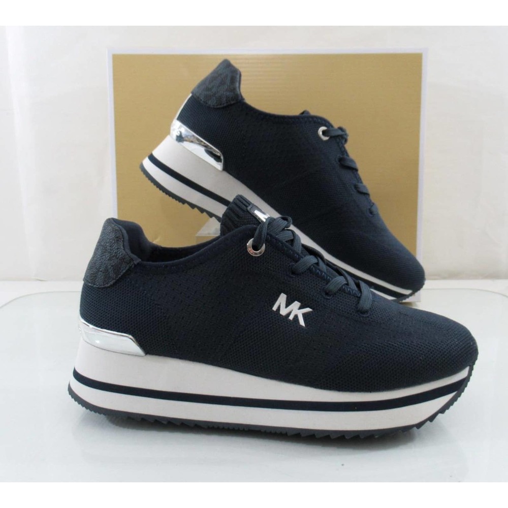 Michael Kors Monique Trainer Lace Up Sneakers MK Logo Stretch Knit Navy - Picture 3 of 7